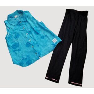* COZY TOES Blue Floral Print Sleeveless Blouse with FREE Leggings Girls Size 6